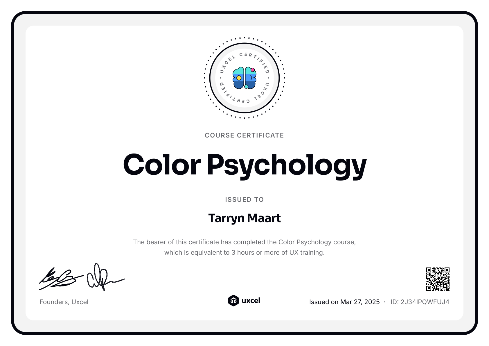 Tarryn Maart's certificate